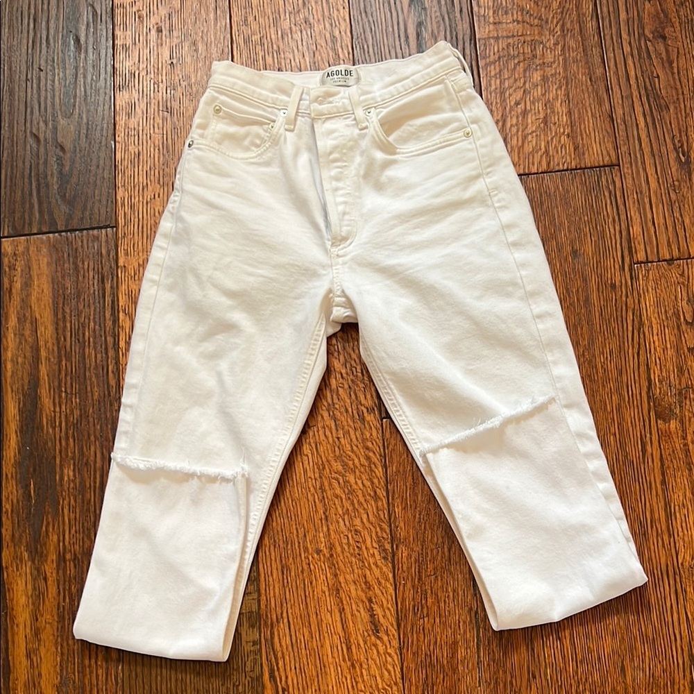 EUC AGOLDE white Riley high rise straight cropped denim jeans with a raw edge